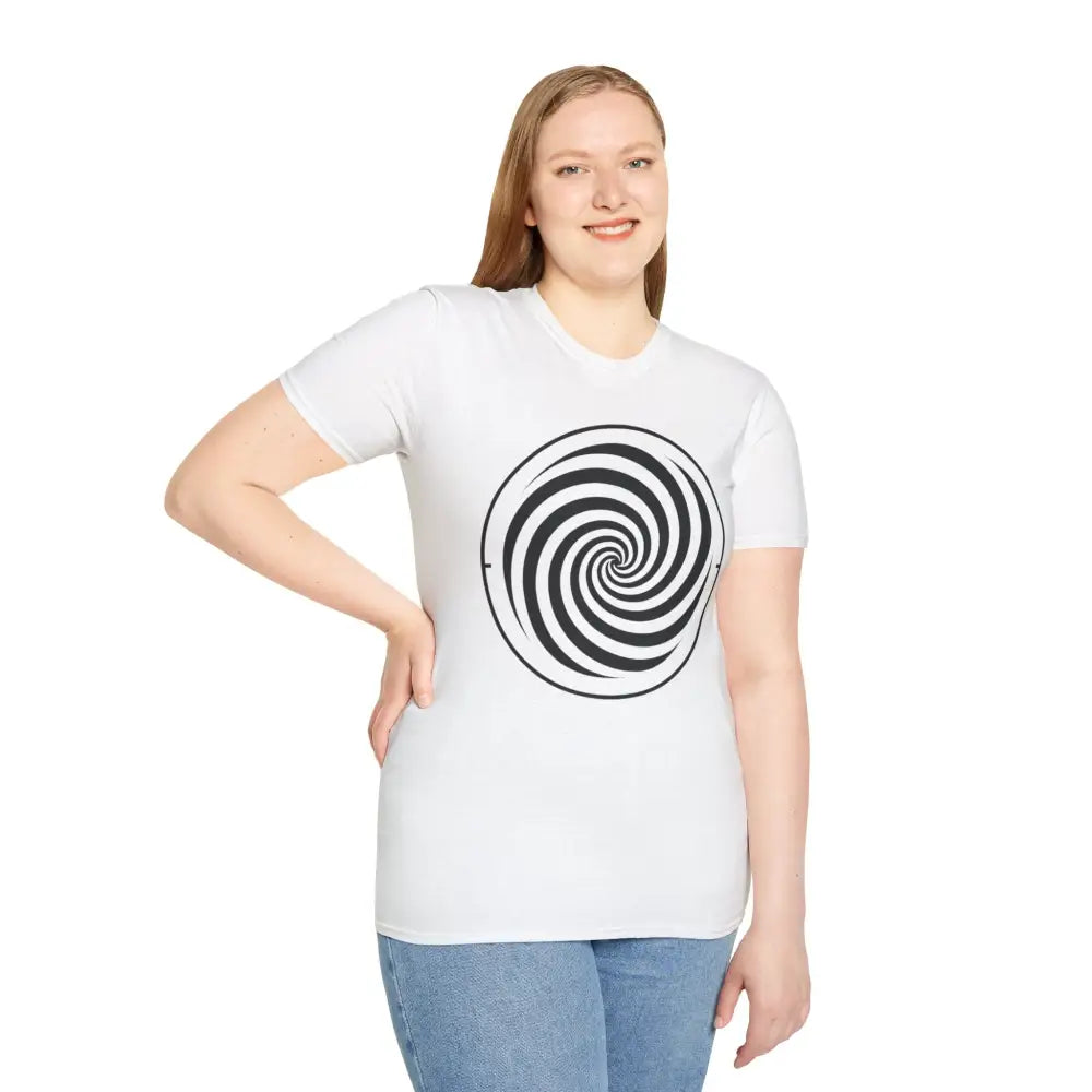 Woman wearing a white unisex softstyle T-shirt with black and white spiral design