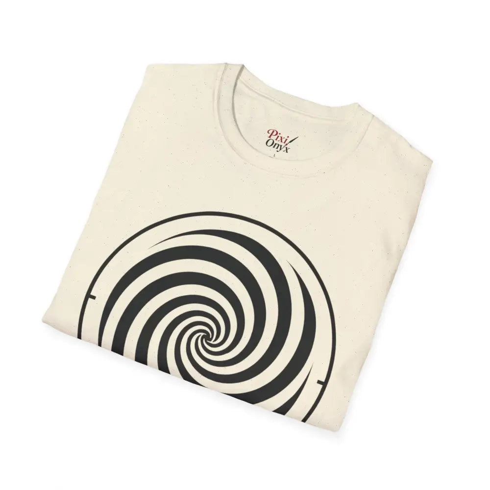Light-colored unisex softstyle T-shirt with black and white spiral design, ring-spun cotton