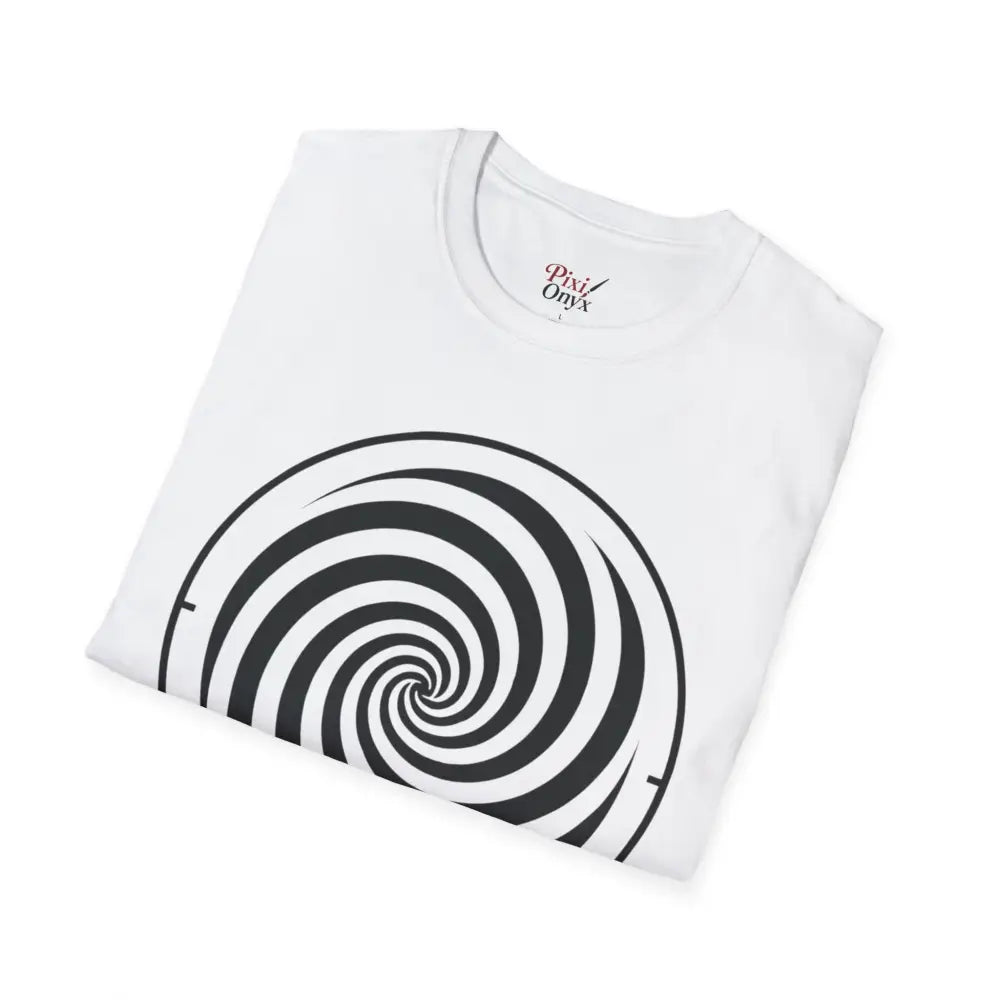 White unisex softstyle T-shirt with black and white spiral design made from ring-spun cotton