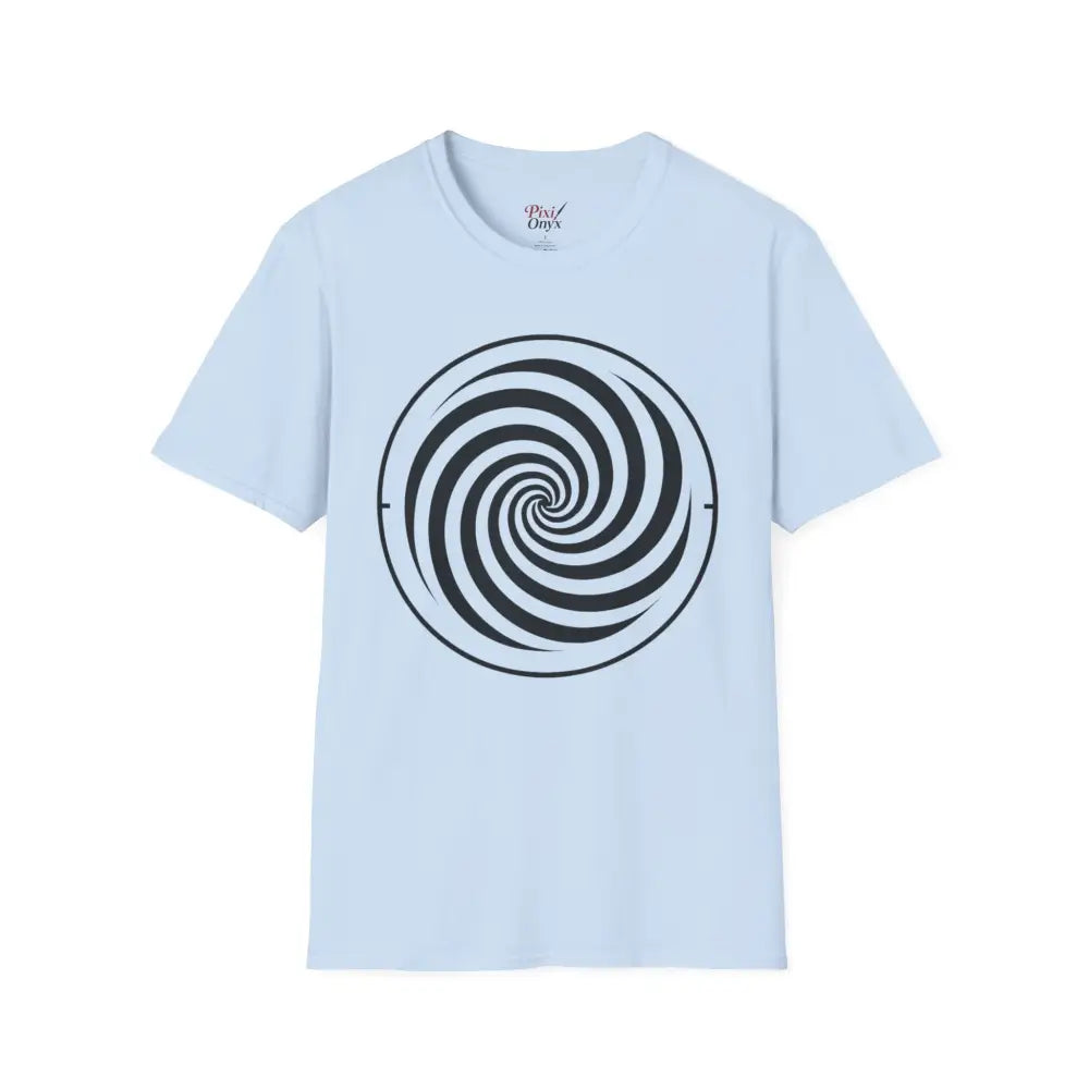 Light blue unisex softstyle T-shirt with black and white spiral design made from ring-spun cotton