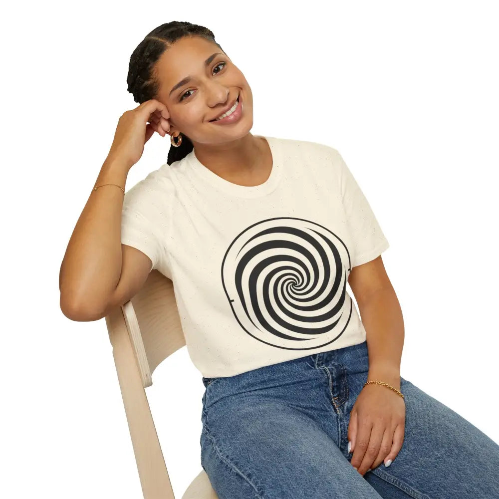 Woman wearing cream Spiral Graphic Tee made of unisex softstyle ring-spun cotton casual wear