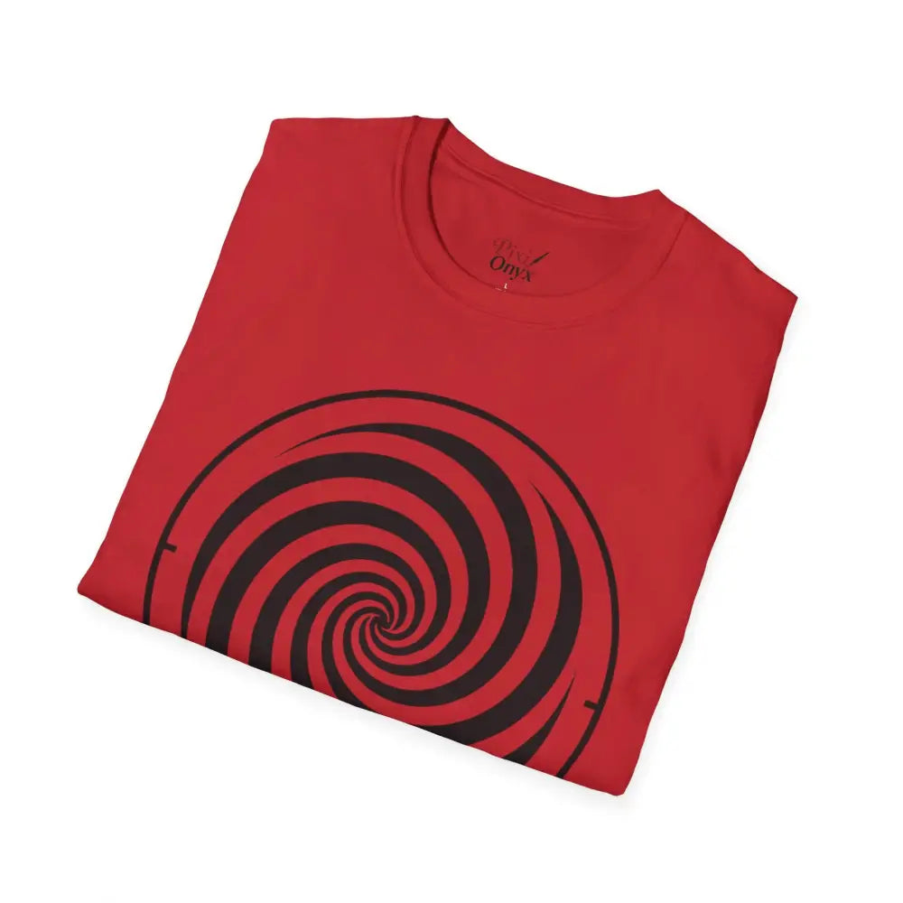 Red unisex softstyle T-shirt with black spiral design made from ring-spun cotton