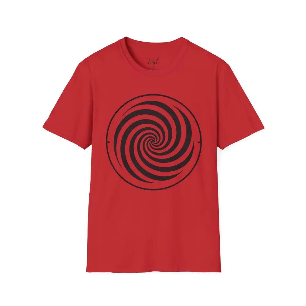 Red unisex softstyle T-shirt with black spiral design made from ring-spun cotton