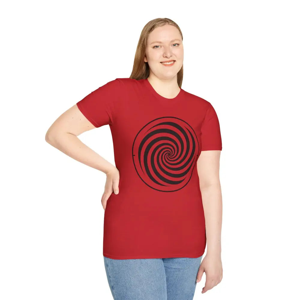 Woman wearing a red unisex softstyle tee with black spiral design made from ring-spun cotton