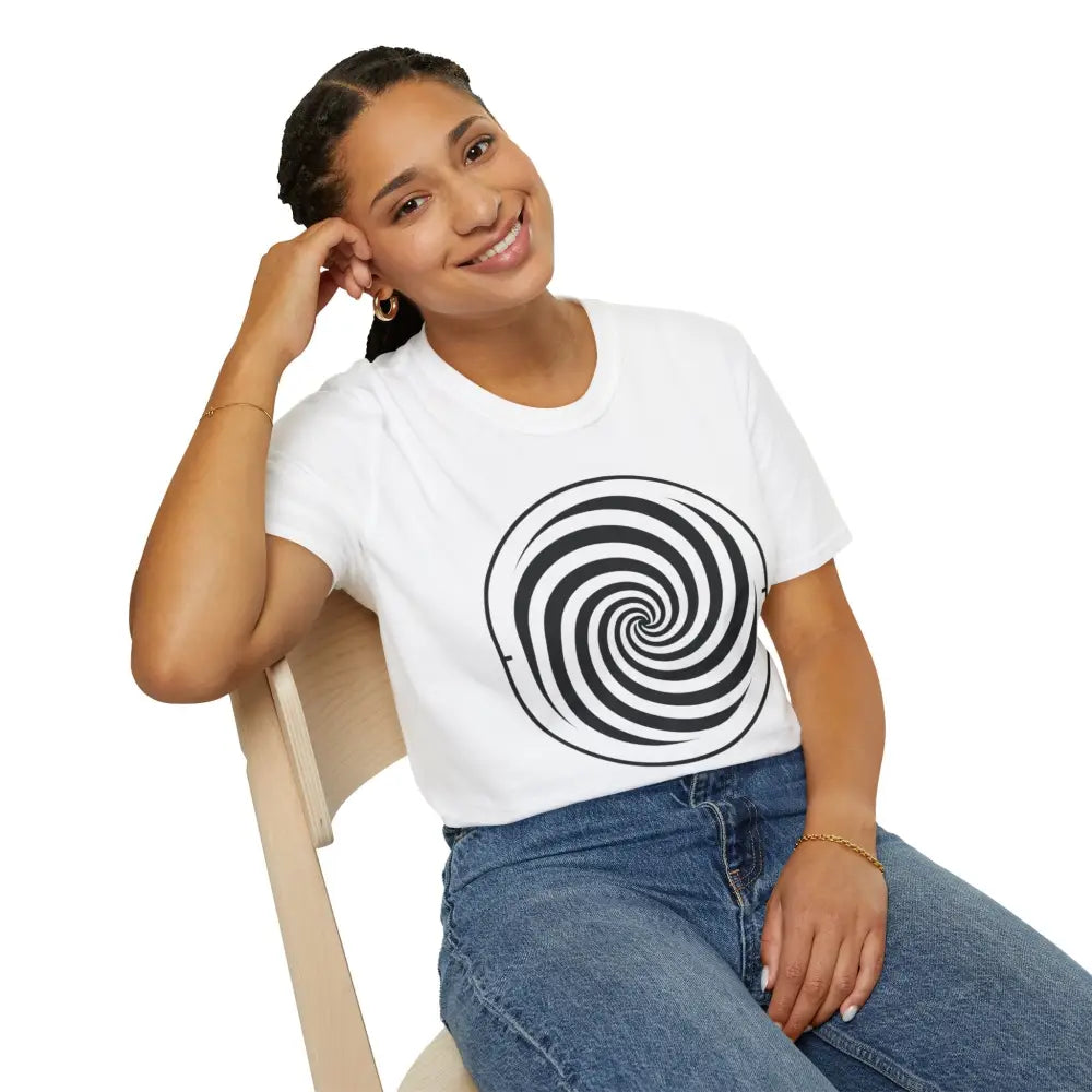 Woman in white unisex softstyle spiral graphic tee with ring-spun cotton and blue jeans