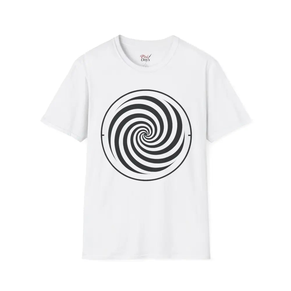 White unisex softstyle T-shirt with black and white spiral design made from ring-spun cotton