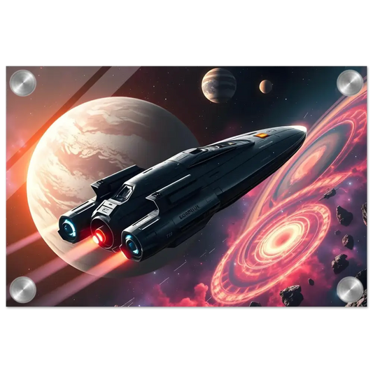 Sleek spaceship with glowing engines displayed on Starship Voyager Acrylic Wall Art by PixiOnyx