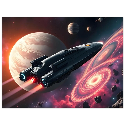 Dark sleek spaceship with glowing engines from Starship Voyager Fine Art Poster by PixiOnyx