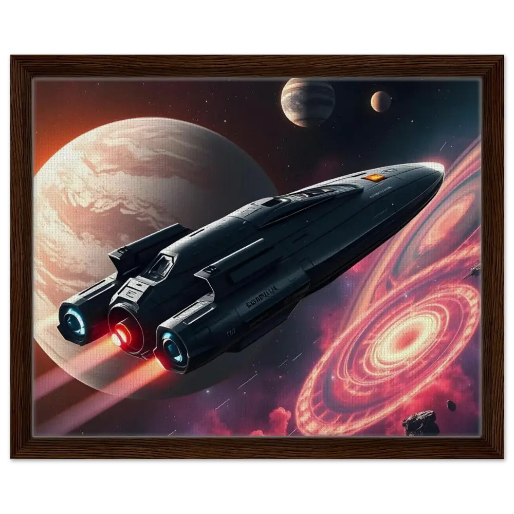 Framed spaceship art from Starship Voyager canvas decor by PixiOnyx displaying epic galaxy scene