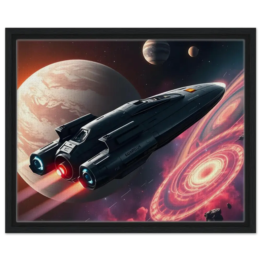 Framed spaceship art displayed on a wall in Starship Voyager canvas decor by PixiOnyx