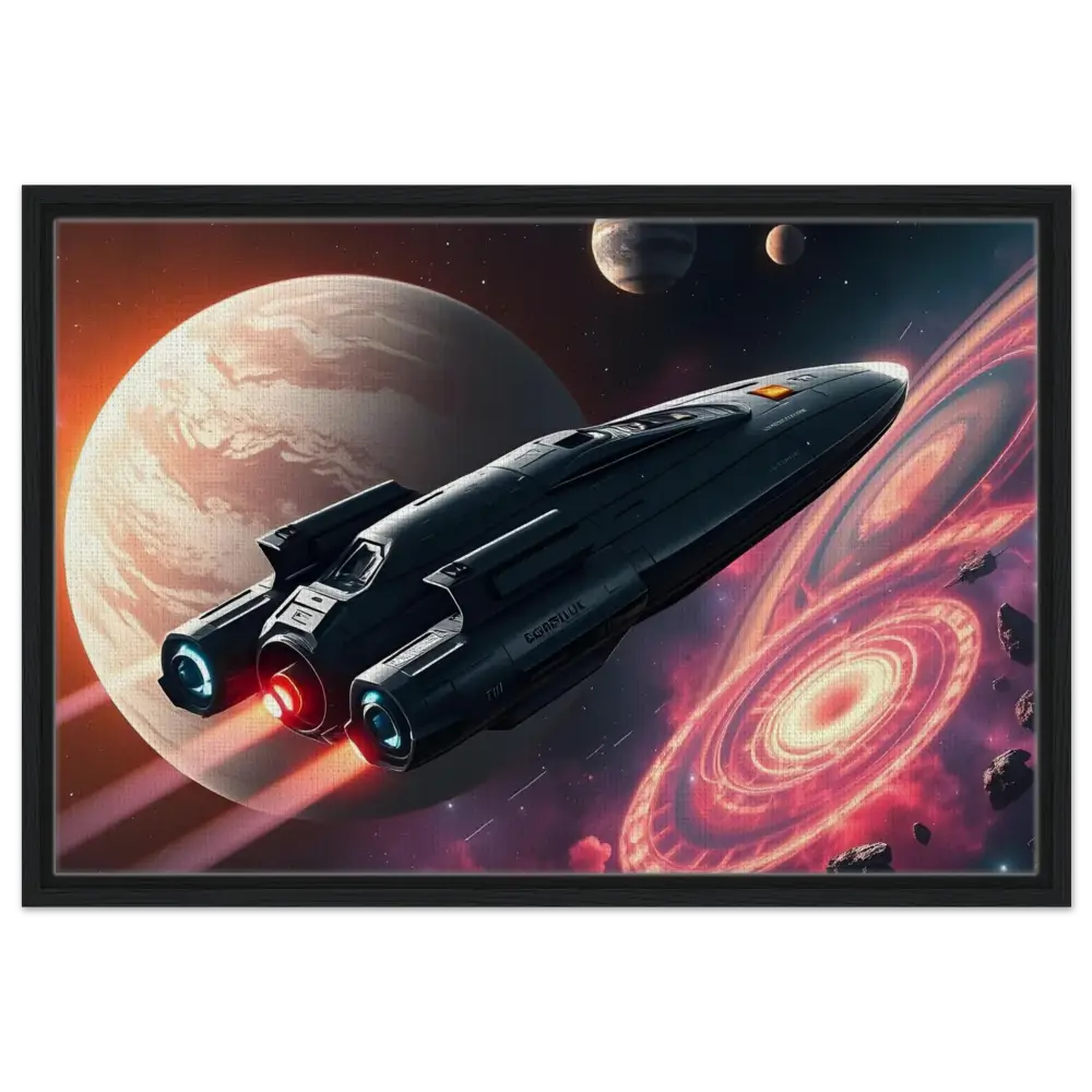 Starship Voyager framed canvas art with glowing engines showcasing epic galaxy decor