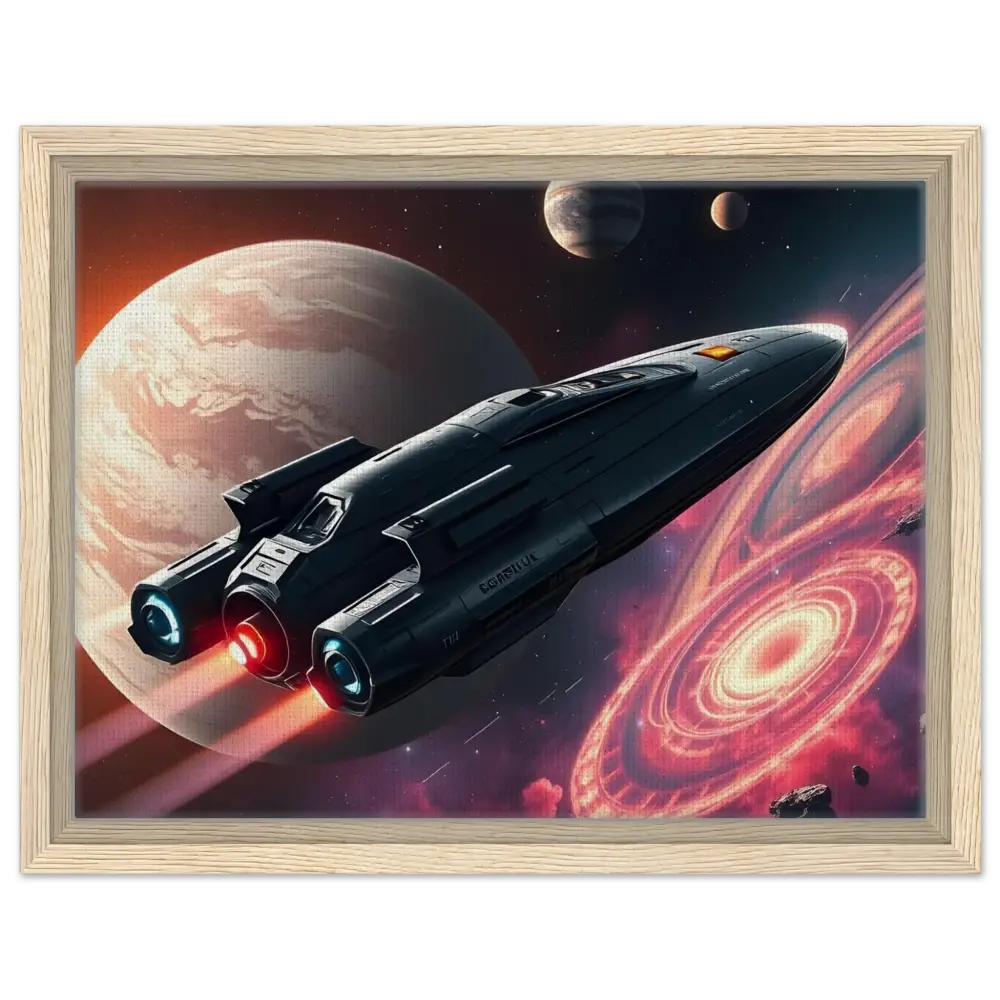 Framed spaceship artwork from Starship Voyager Canvas Art by PixiOnyx showcasing epic galaxy decor