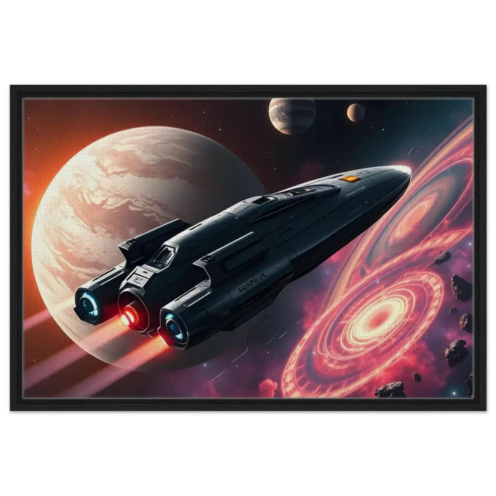 Sleek dark spaceship with glowing engines on Starship Voyager framed canvas art by PixiOnyx
