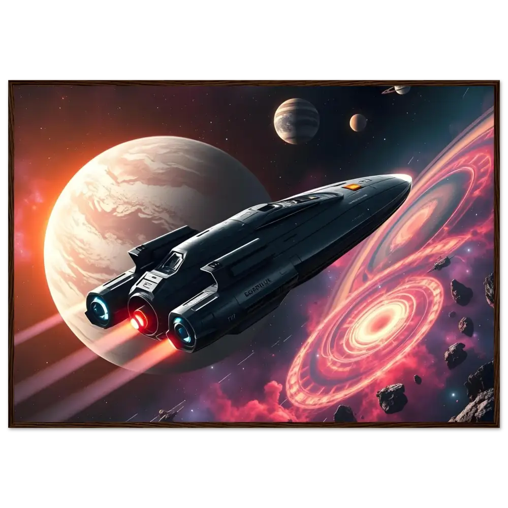 Sleek spaceship with glowing engines as featured in Starship Voyager framed wall art