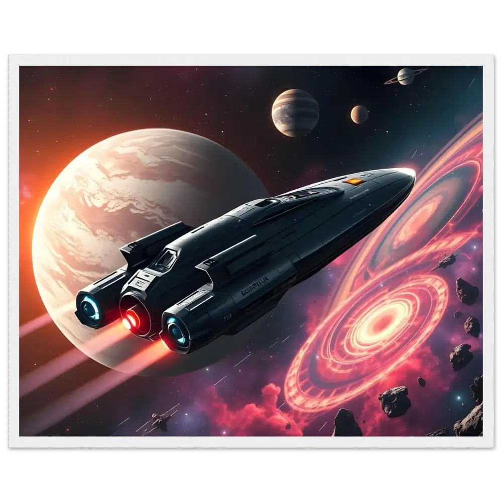 Sleek spaceship with glowing engines displayed as Starship Voyager framed print from PixiOnyx