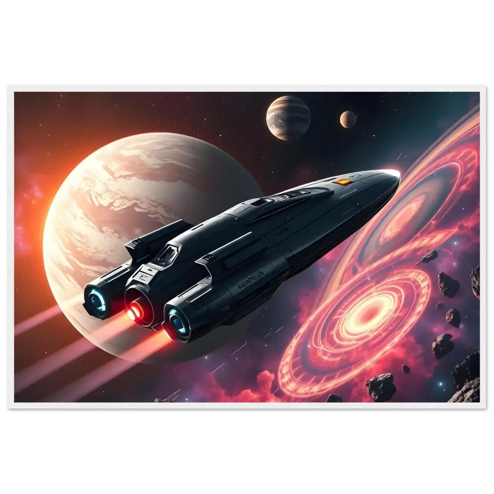Sleek spaceship with glowing thrusters on Starship Voyager framed print by PixiOnyx