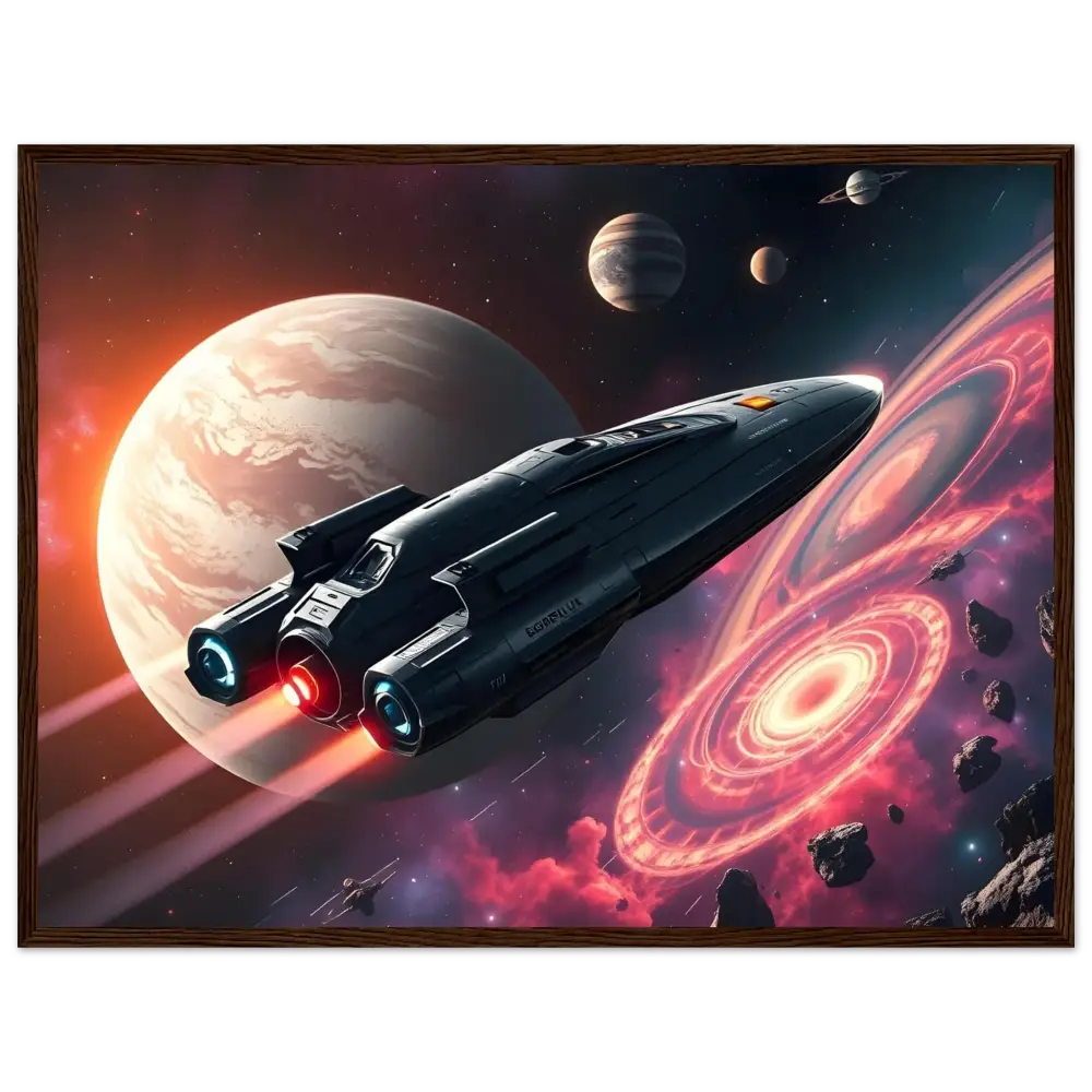 Sleek spaceship with glowing engines displayed on Starship Voyager framed print Intergalactic Wall Art