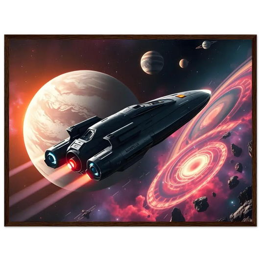 Sleek spaceship with glowing engines displayed on Starship Voyager framed print Intergalactic Wall Art
