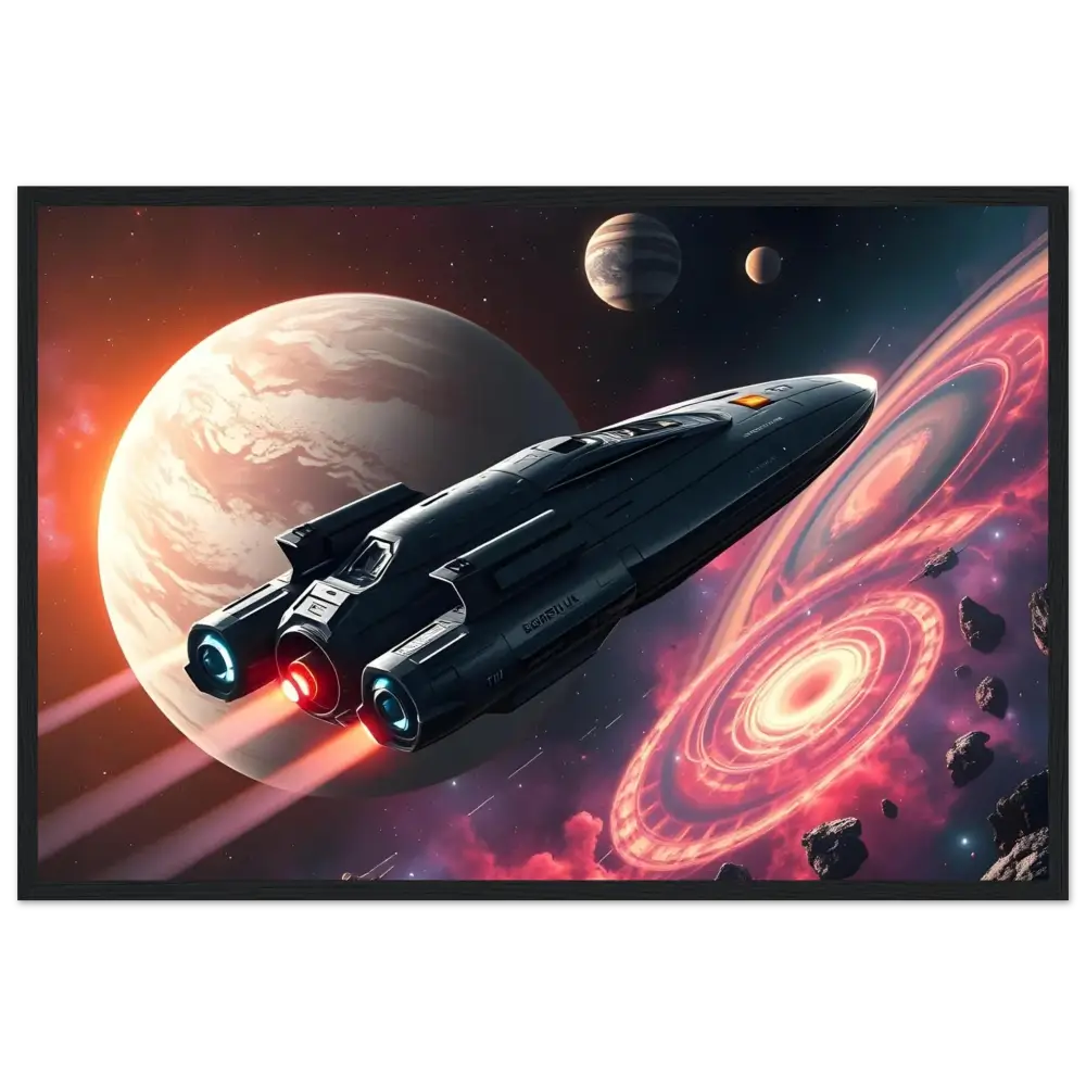Sleek spaceship with glowing engines featured in Starship Voyager Framed Print Wall Art