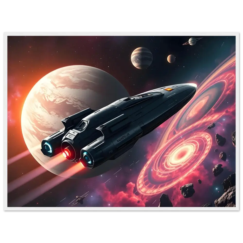 Sleek spaceship with glowing engines displayed on Starship Voyager framed wall art by PixiOnyx