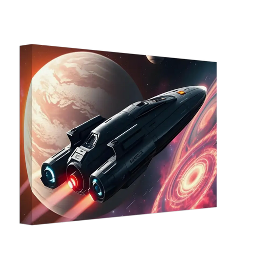 Sleek spaceship with glowing engines on Starship Voyager Stretched Canvas by PixiOnyx