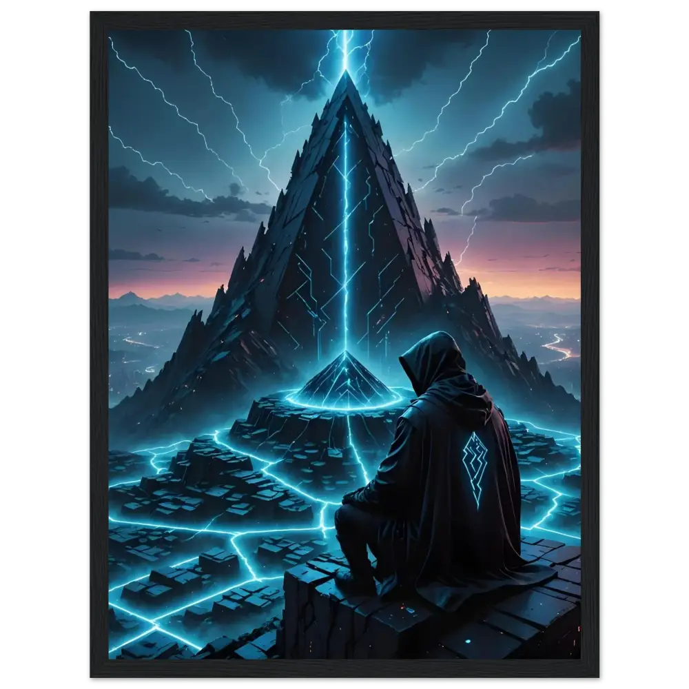 Futuristic Pyramid with Hooded Figure featuring in Storm Pyramid framed matte poster by PixiOnyx