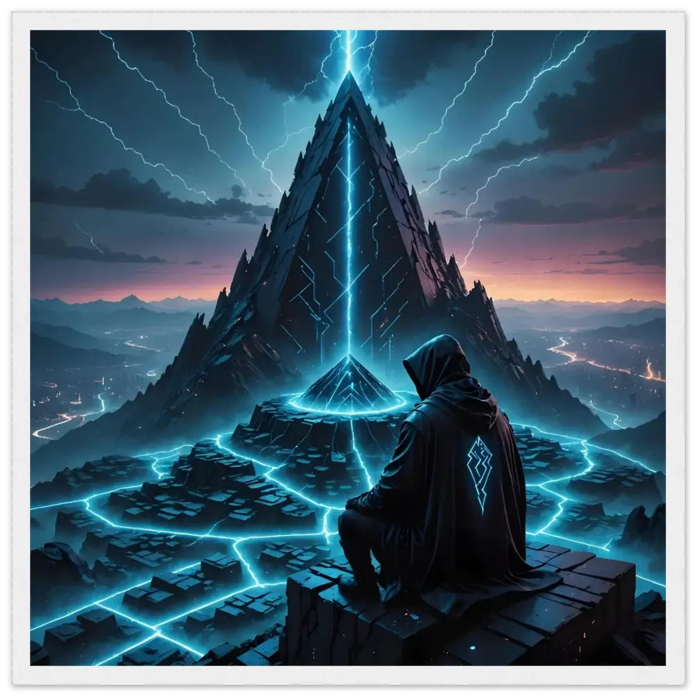 Hooded figure overlooking a futuristic pyramid in the Storm Pyramid framed matte poster by PixiOnyx