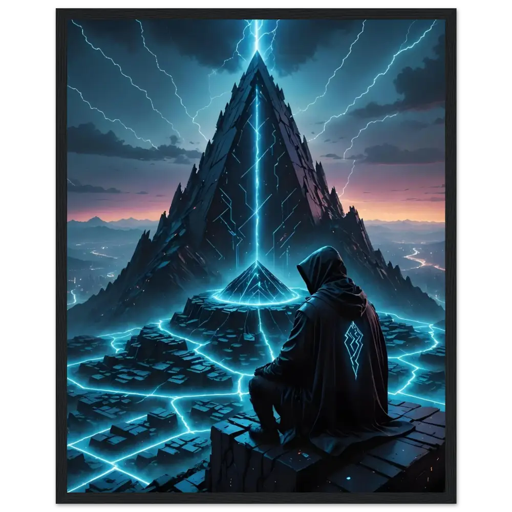 Futuristic pyramid with a hooded figure in a framed matte poster by PixiOnyx