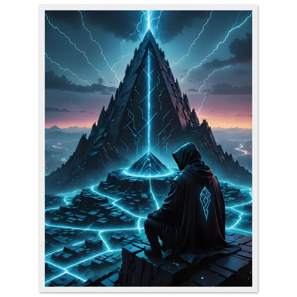 Futuristic pyramid with hooded figure framed matte poster by PixiOnyx