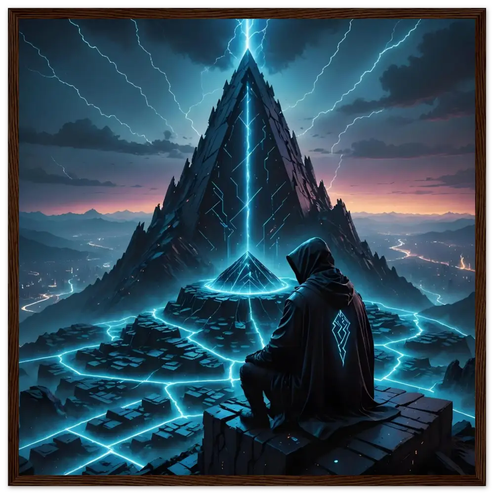 Hooded figure standing before a futuristic pyramid framed matte poster by PixiOnyx