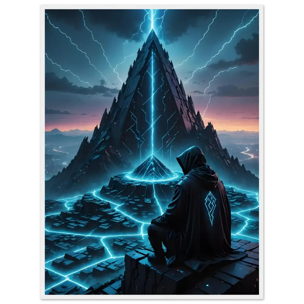 Futuristic pyramid with hooded figure displayed in Storm Pyramid framed matte poster by PixiOnyx