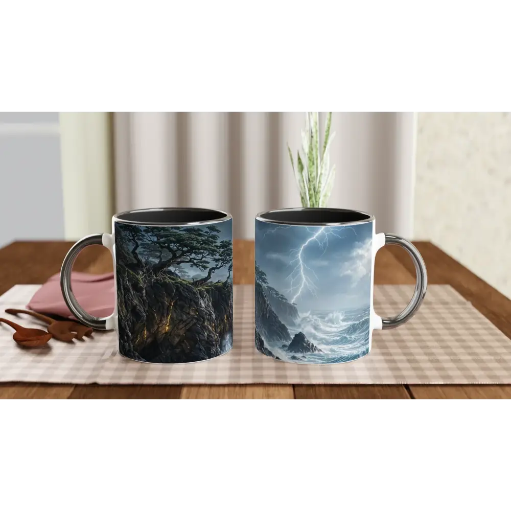 Stunning ceramic mug featuring Stormroot Cliffs landscape design from PixiOnyx Drinkware