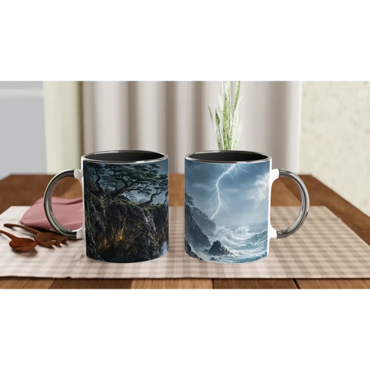 Stunning ceramic mug featuring Stormroot Cliffs landscape design from PixiOnyx Drinkware