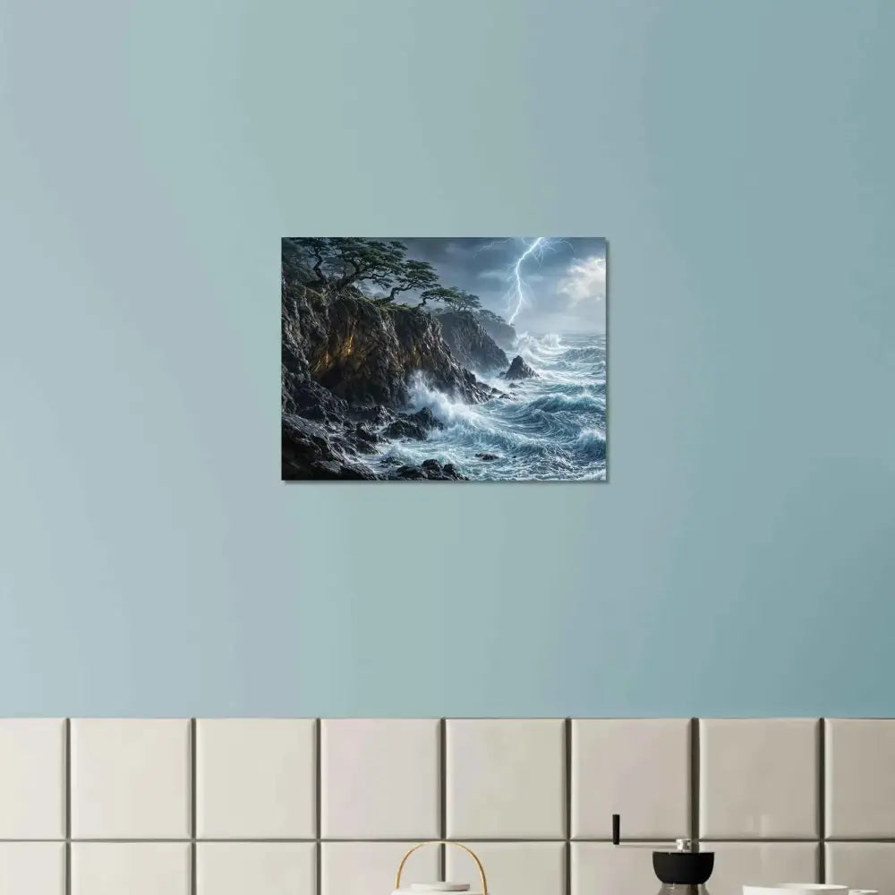 Stormroot Cliffs fine art poster featuring stormy seascape with lightning strike