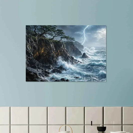 Stormroot Cliffs fine art poster featuring a stormy seascape with crashing waves
