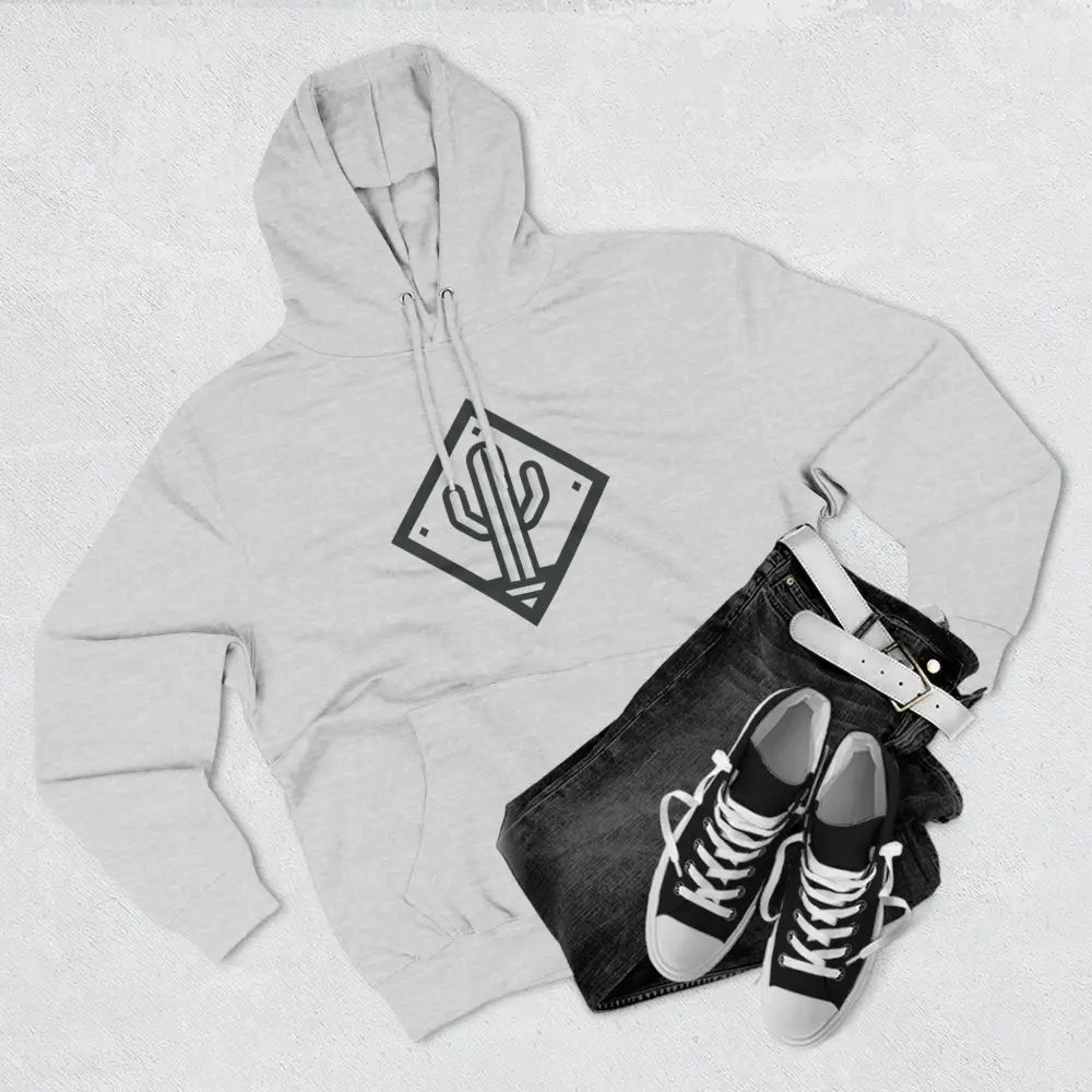 Light gray hoodie with dark cactus design featuring cozy three-panel fleece and adjustable hood