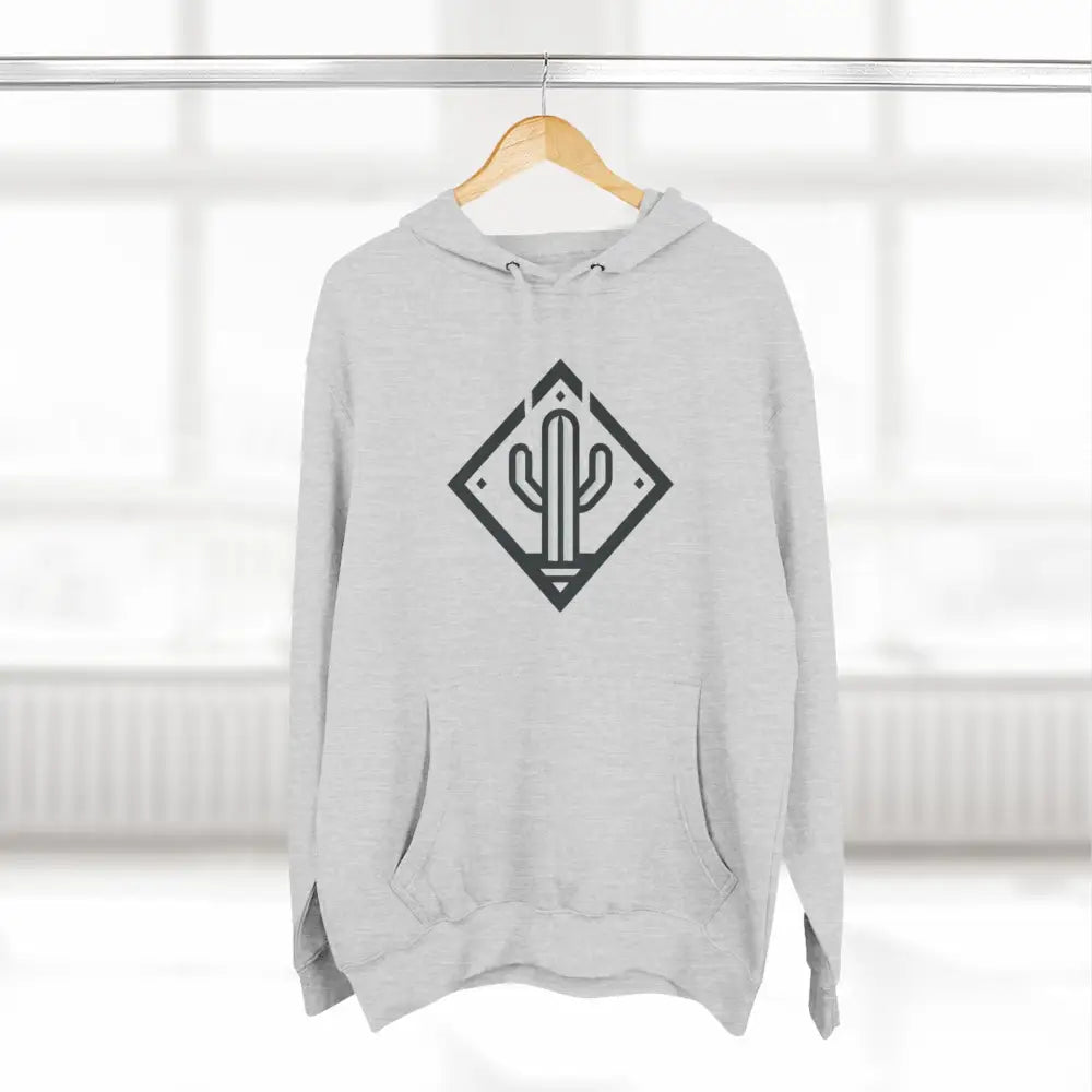 White hooded sweatshirt with dark gray cactus design featuring a spacious kangaroo pocket and adjustable hood