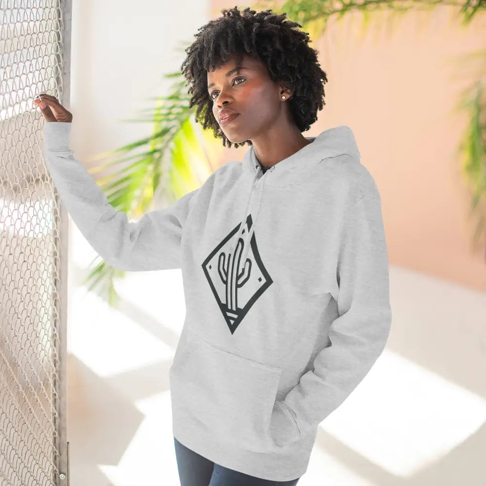 Woman’s white hoodie with black cactus logo, cozy three-panel fleece, adjustable hood