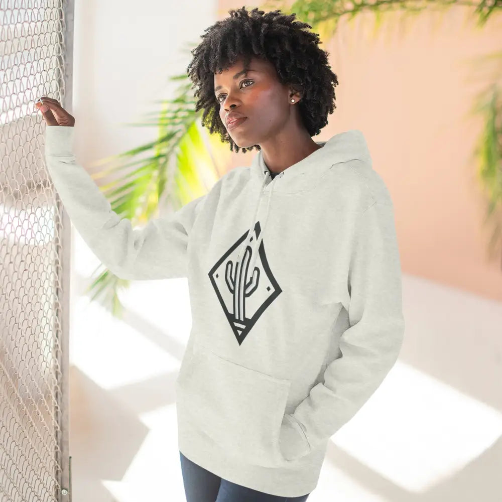 White hooded sweatshirt with black cactus design, cozy fleece, adjustable hood, spacious kangaroo pocket