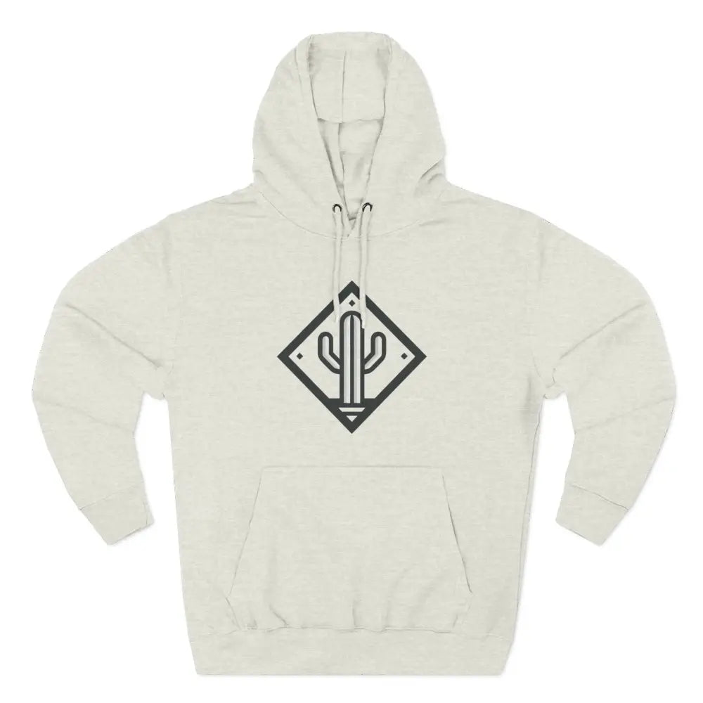 Light-colored hoodie with dark cactus logo, spacious kangaroo pocket, cozy fleece, adjustable hood