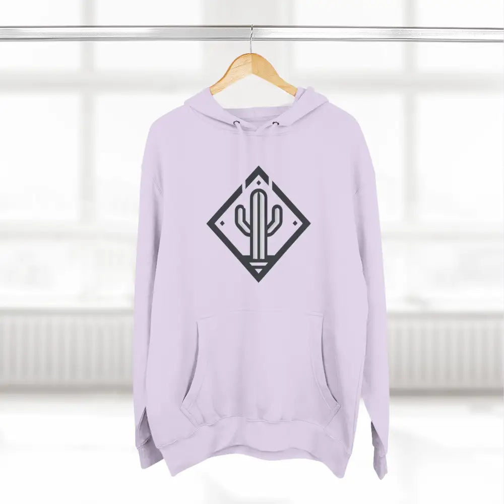 Light purple hoodie with black cactus logo featuring spacious kangaroo pocket and adjustable hood
