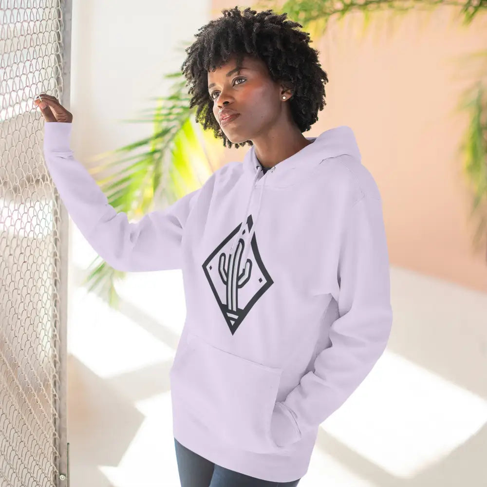 White hooded sweatshirt with black cactus design featuring a spacious kangaroo pocket and cozy three-panel fleece