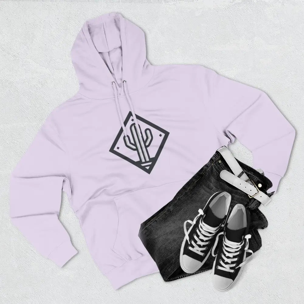Light purple unisex hoodie with black cactus design, spacious kangaroo pocket and adjustable hood
