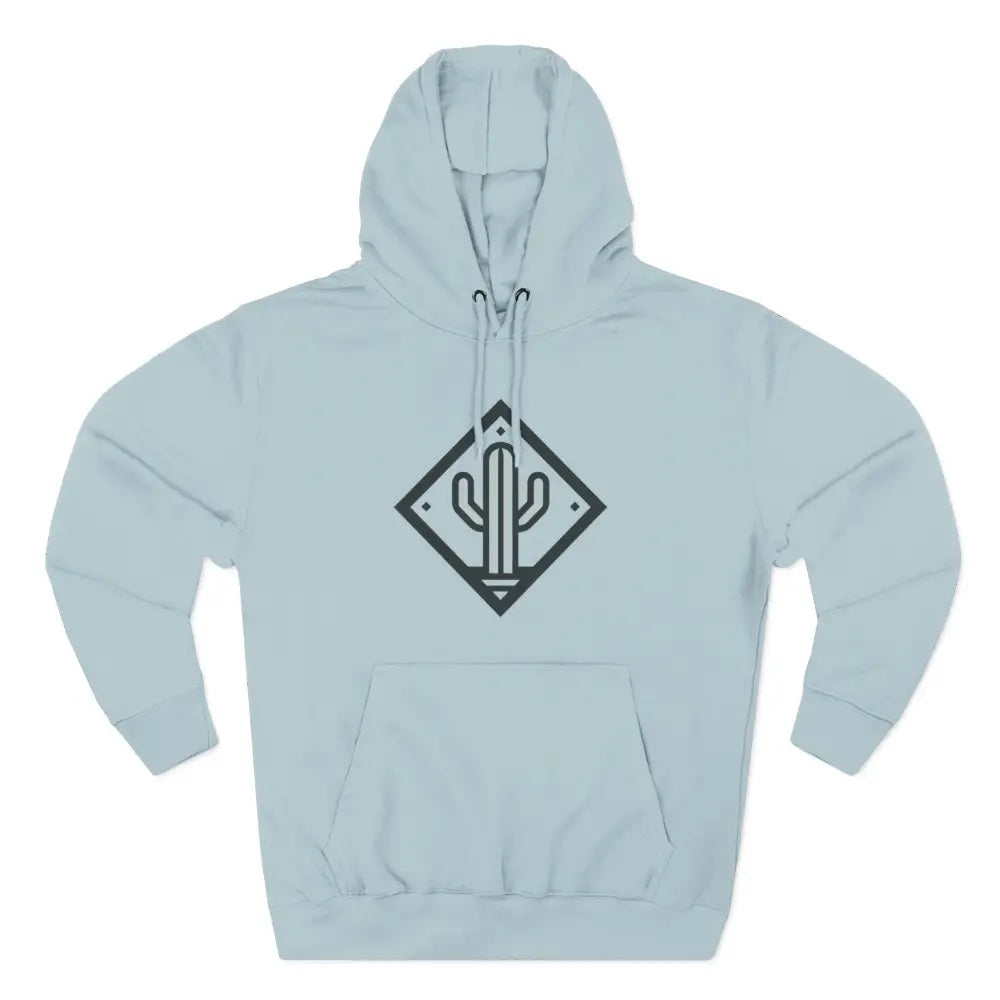 Light blue cozy three-panel fleece hoodie with black cactus logo and adjustable hood