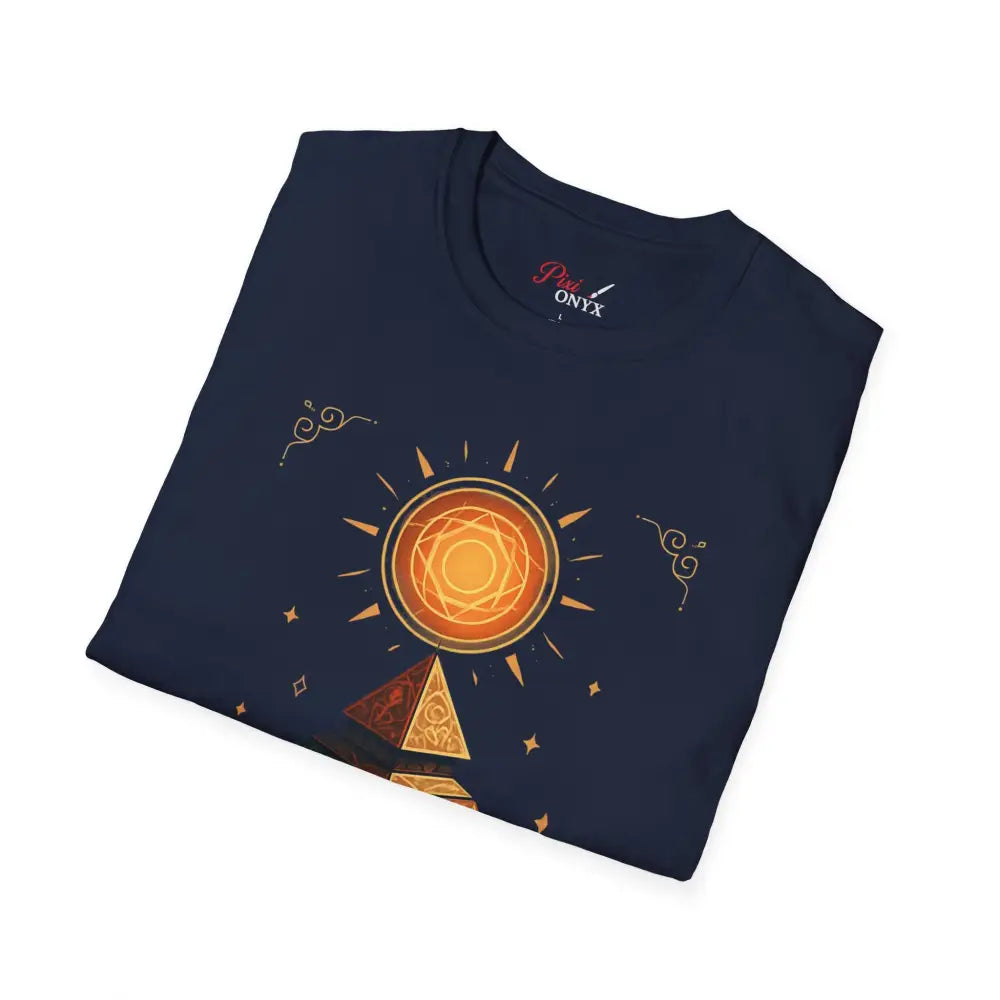 Dark blue pyramid graphic tee with vibrant sun design, perfect for nature lovers and casual wear