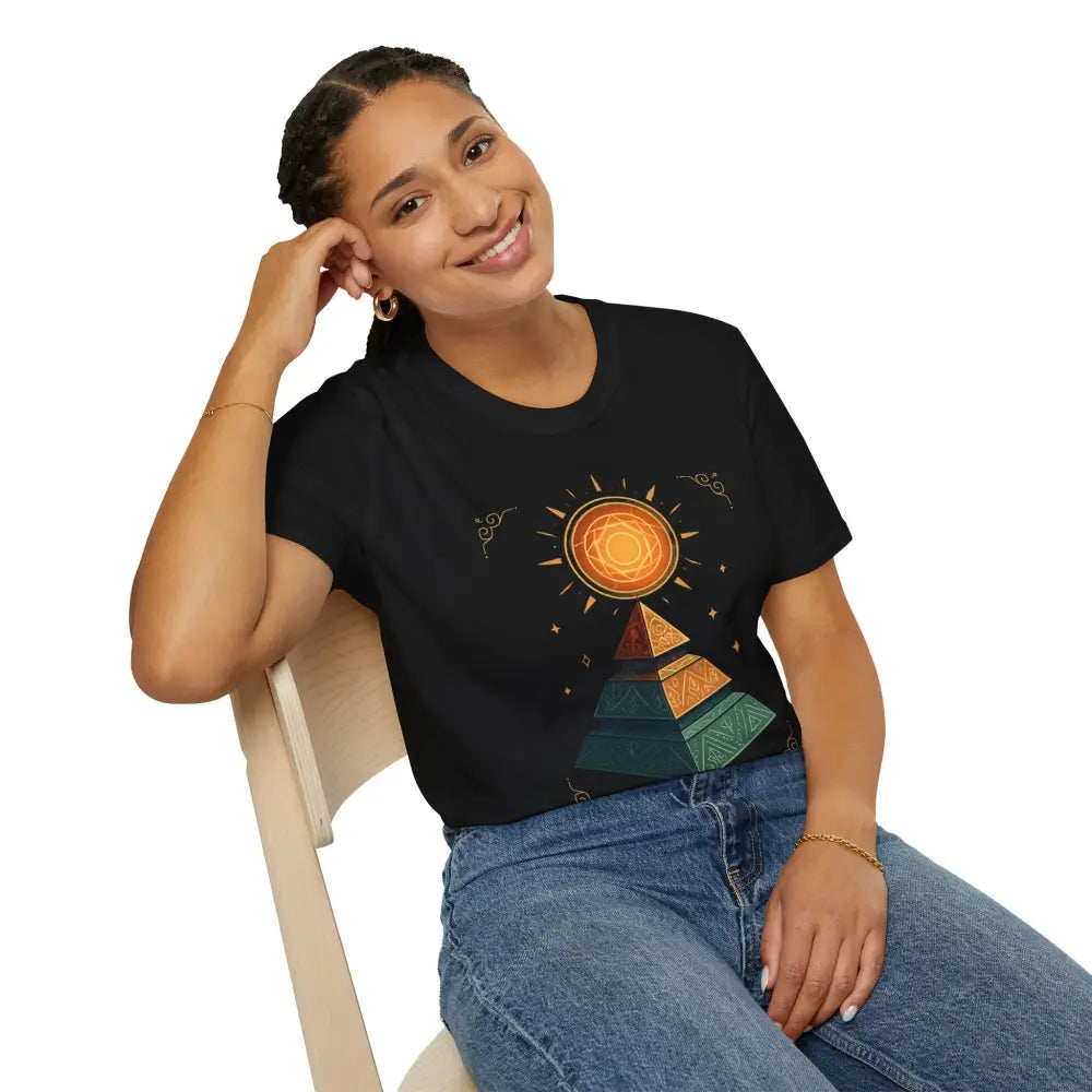 Woman wearing stylish pyramid graphic tee with sun design, perfect for summer casual wear