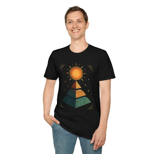 Man wearing black pyramid graphic tee with sun design, perfect for nature lovers and casual wear
