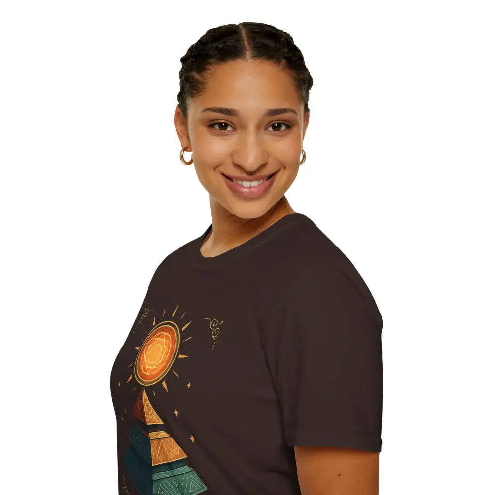 Woman wearing a stylish pyramid graphic tee with low heat care instructions for summer wear