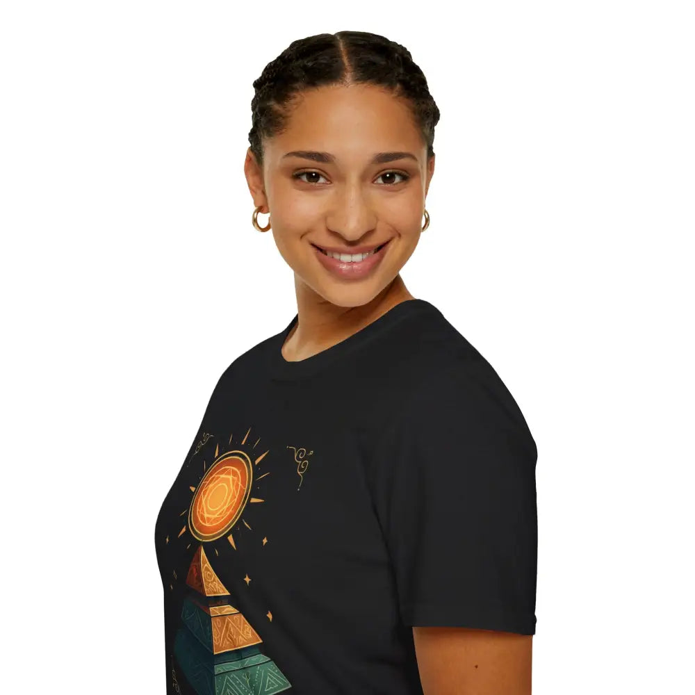 Woman wearing a black T-shirt with a pyramid graphic, casual summer wear, easy care