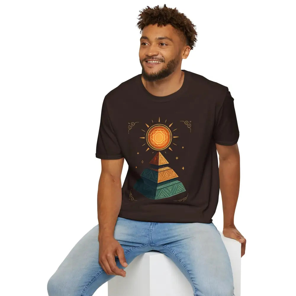 Man wearing a stylish pyramid graphic tee with low heat care instructions and casual summer style